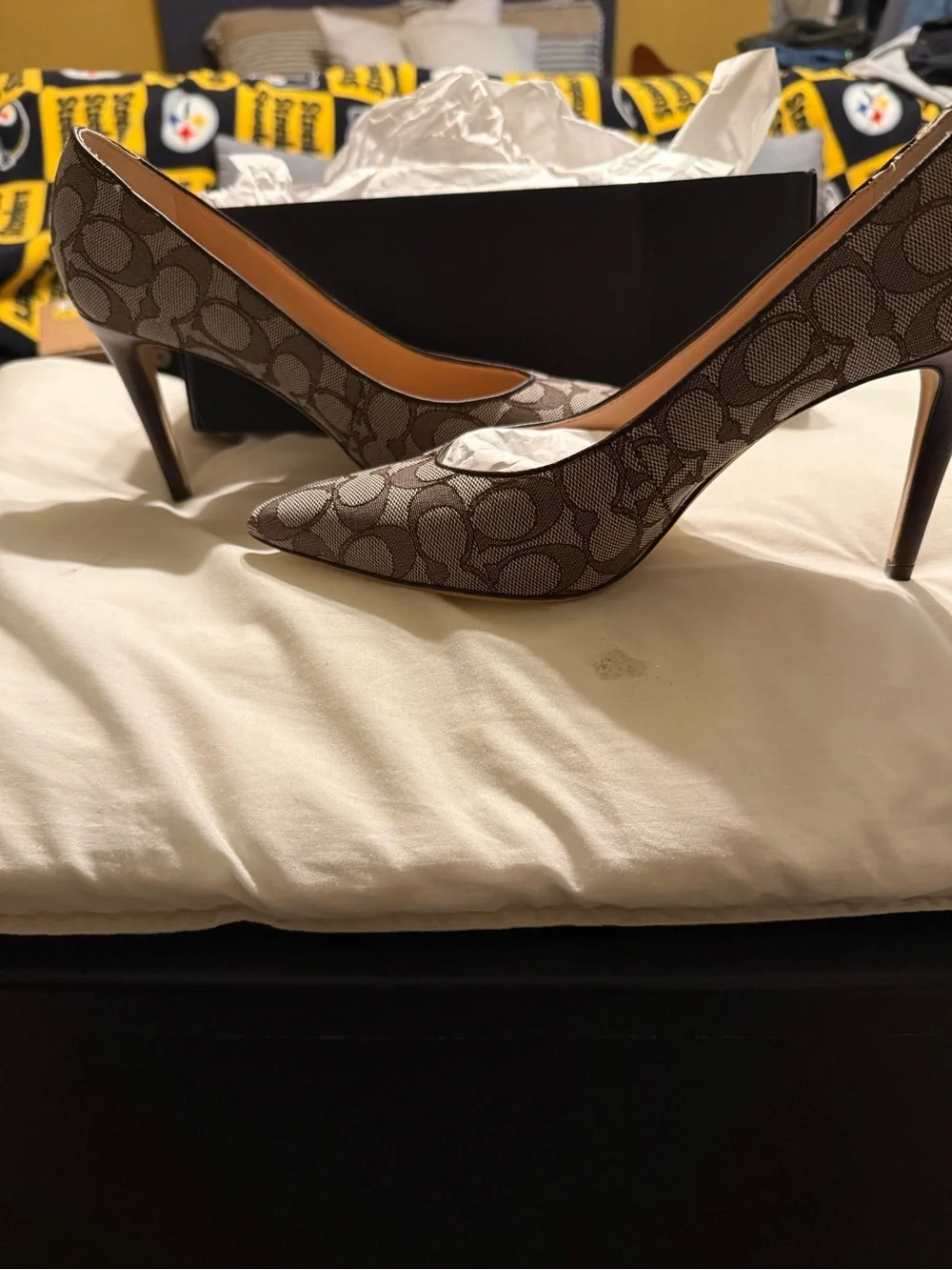 Coach Signature Monogram Pointed Toe Pumps in Brown & Tan